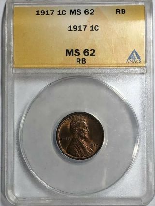 1917 - P 1c Lincoln Cent (anacs Ms62rb) Vr2961me