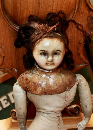 Antique 22 " Wax Head & Shoulder Doll With Glass Eyes