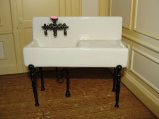 Dollhouse Miniature White Porcelain Sink W Black Legs