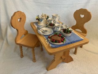 Pleasant Company / American Girl Kirsten Trestle Table And Chairs / Bird Pottery
