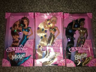 . 1995 Vintage.  Jewel Hair Mermaid Barbie.  Set Of 3