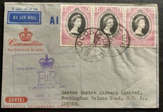 1953 Cocos Island Air Letter Cover Fdc To London Queen Elizabeth Ii Coronation B