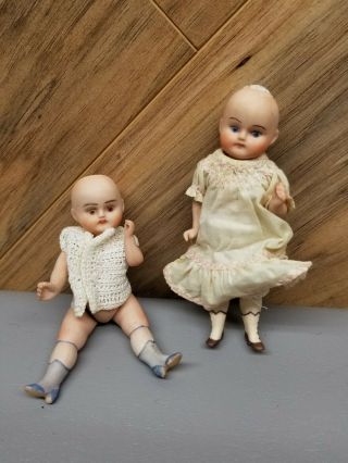 2 Pretty All Bisque Doll Jointed 5 " Tall,  Dated 1980 Artist Made No Wigs