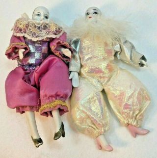 2 Royal Heirloom Harlequin Pierrot Jester Clown Mardi Gras Porcelain Dolls