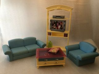 2002 Barbie Living Room Furniture Set Sofa Couch Chair Table Entertainment Stand