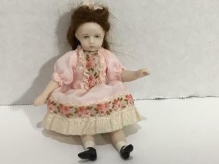 Small Girl Bisque Porcelain Doll With Pink Dress 3 - 1/2 " Tall