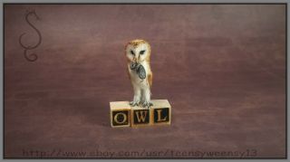OOAK Dollhouse Miniature Barn Owl with Mouse Flocked Animal 1:12 IGMA 2