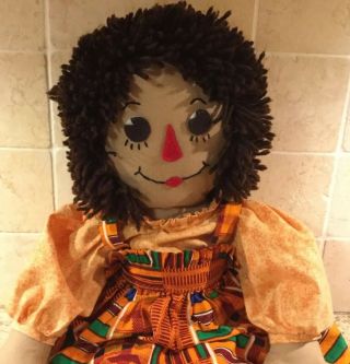 Vintage 24” Raggedy Ann Doll African American Handmade Artist Signed Euc