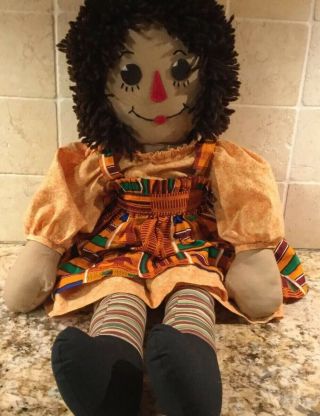 VINTAGE 24” Raggedy Ann Doll African American Handmade Artist Signed EUC 2
