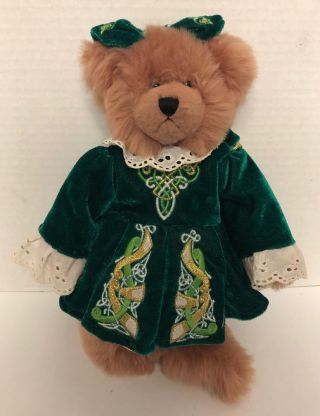 Treasure Craft Irish Ireland Teddy Bear 11 " Plush Green Gold Dress Dublin