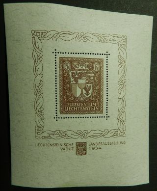 1934 Postal Stamp Liechtenstein 115 Ag Exhibition Souvenir Sheet Og Mlh Xf