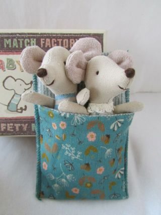 Maileg Danish Design Denmark Baby Twin Mice In Matchbox Floral Blanket Toy Dolls