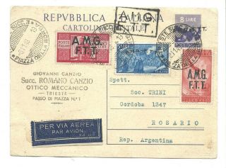 Italy Trieste A.  M.  G F.  T.  T Postal Stationery Year 1948 To Argentina 100 Lire