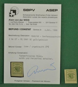 Switzerland Canton Geneva Stamp 1849 5c Sg G6 H/m No Gum With Certificate (k42)