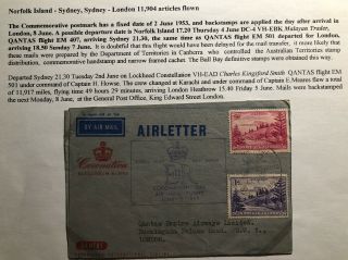 1953 Norfolk Island Air Letter Cover Coronation Flight Queen Elizabeth Ii