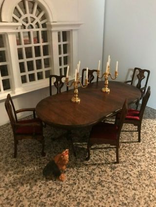 Dollhouse Miniature 1:12 Double Pedestal Dining Table With Extension And 6 Chair