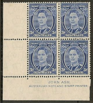 Australia 1940 Kgvi 3d Die Iii Sg186 Ash Imprint Blk Of 4 (3 Mnh) Cat £180