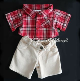 Build - A - Bear Red Plaid Flannel Shirt,  Beige Corduroy Pants Teddy Clothes Outfit
