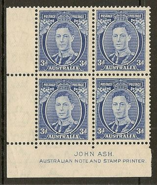 Australia 1938 Kgvi 3d Die Ii Sg168ca Ash Imprint Blk Of 4 (stamps Mnh) Cat £240