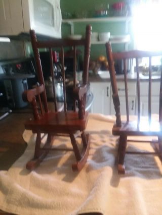 15 And 16 Inch Brown Wooden Doll Or Bear Rocking Chairs