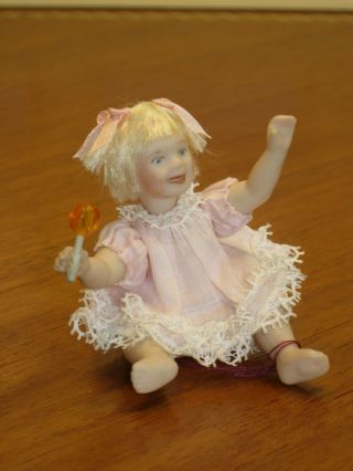Little Blond Girl Doll In Pink Dress With Lollipop Artisan Dollhouse Miniature
