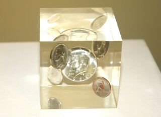 Vintage Lucite Paperweight W/ 1964 Us Silver Coins Uncirculated