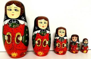 5x Russian Red Matryoshka Nesting Female Doll Babushka Wooden Hand Painted Toy