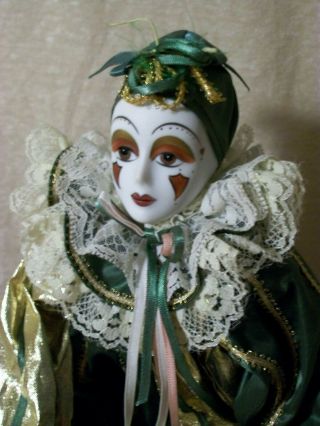 16 " Porcelain Harlequin,  Jester,  Clown,  Pierrot,  Mardi Gras Doll,  Green/gold