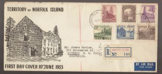 1953 Norfolk Island Pictorial Definitives Inc 5/ - Bloody Bridge Registered Fdc