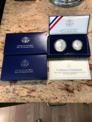 1993 Bill Of Rights Commemorative Silver Dollars - 2 Coin Proof Set Box And
