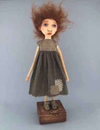 Folk Art Doll Sculpture Cloth And Clay Red Haired Girl Ooak Cindy Riccardelli