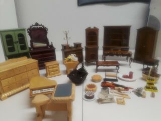 Dollhouse Miniatures - Kitchen Items,  Dressers,  Coffee Table,  Hat Rack