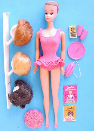 1964 Miss Barbie Doll W Raised Gold Glitter Suit,  Wigs And Accessories