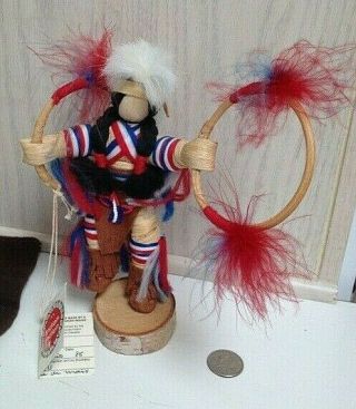 Hand Made Canadian Indian Ojibwa Corn Husk & Leather & Feathers 8 " Kachina Doll