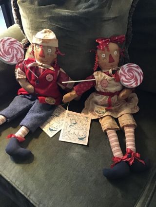 The Tattered Rabbit Farm - Lollipop Raggedy Ann & Andy 21 “ Signed On Hand