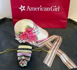 American Girl Doll Caroline Meet Bonnet Hat & Purse Drawstring Bag