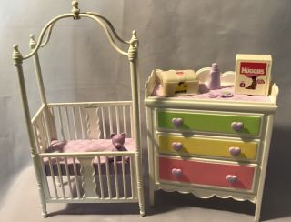 Mattel Barbie Baby Play All Day Nursery Crib Bed Dresser Accessories