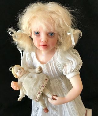 Darling Blonde Ooak Doll With Her Doll Big Blue Eyes Special Stand