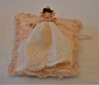 Artisan Victorian Baby Doll On Pillow Dollhouse Miniatures Ooak 1:12 Poseable