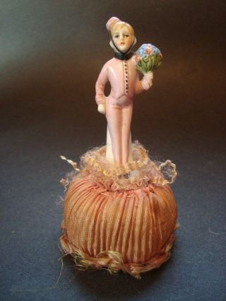 German Porcelain Full Figured Bellhop Half Doll Pincushion