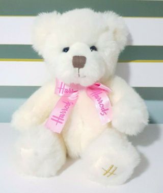 White Harrods Teddy Bear Plush Toy W/ Pink Bow 18cm Tall