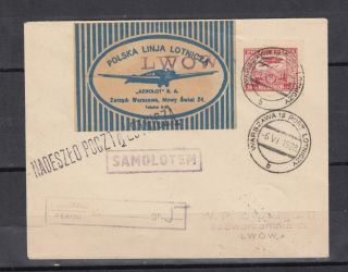 Poland: " Directional " Airmail Label On Cover Flown Warsaw - Lwow
