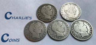 5 Silver Half Dollars 1909s 1910 1913s 1914s 1915d