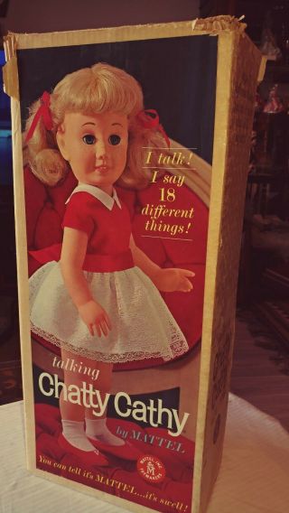 Talking CHATTY CATHY doll by MATTEL 1960 Orig Box Blue Sleeper Eyes Hard Face 2