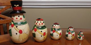 Christmas Holiday Wooden Nesting Dolls,  Matryoshka,  5 Piece Snow Man