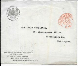 Australia Nsw 1917 Cover / Letter From Immigration Dept.  Hooded Circle