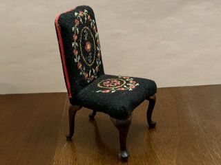 Dollhouse Miniatures Artisan Made Side Chair With Needle Point Seat & Backing