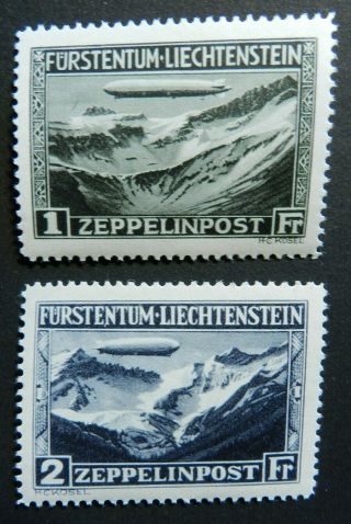1931 Air Mail Postal Stamps Liechtenstein C7 C8 Set Zeppelin Og Mnh Fvf