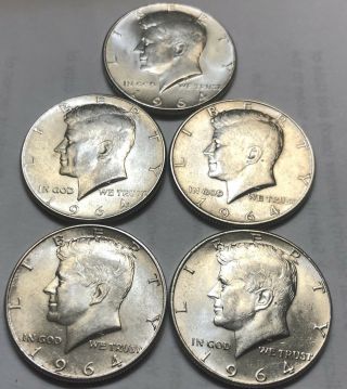 (5) 1964 Kennedy Half Dollars $2.  50 Face 90 Silver.  $1.  30 Over Spot Currently