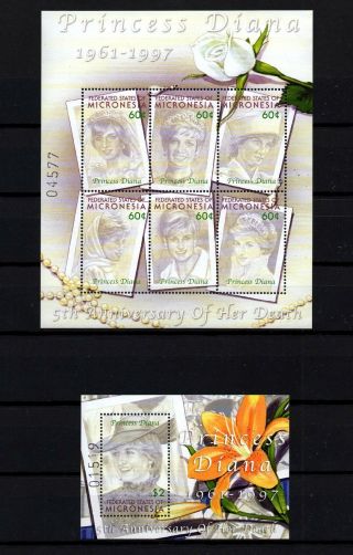 Micronesia,  Scott 496 - 497,  Complete Set Of 2 Mini Sheets Of Princess Diana Mnh